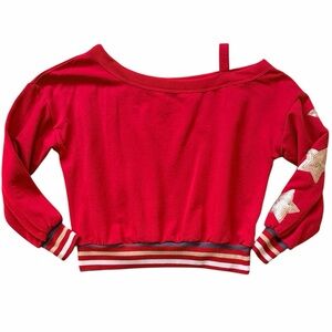 JESSICA SIMPSON Red Off the Shoulder Cropped Sweatshirt with Gold Stars